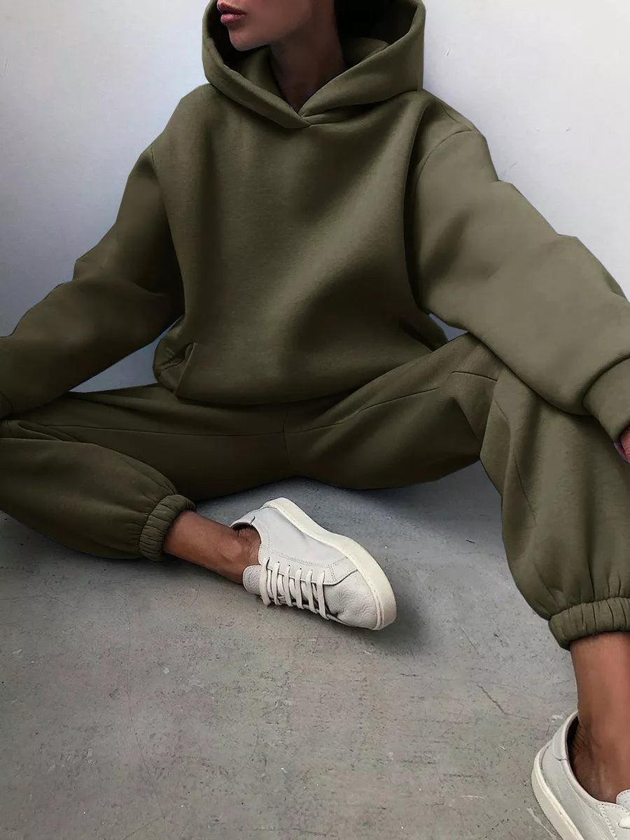 Women's casual hooded sweater two-piece suit in corduroy fabric, available in multiple colours and sizes