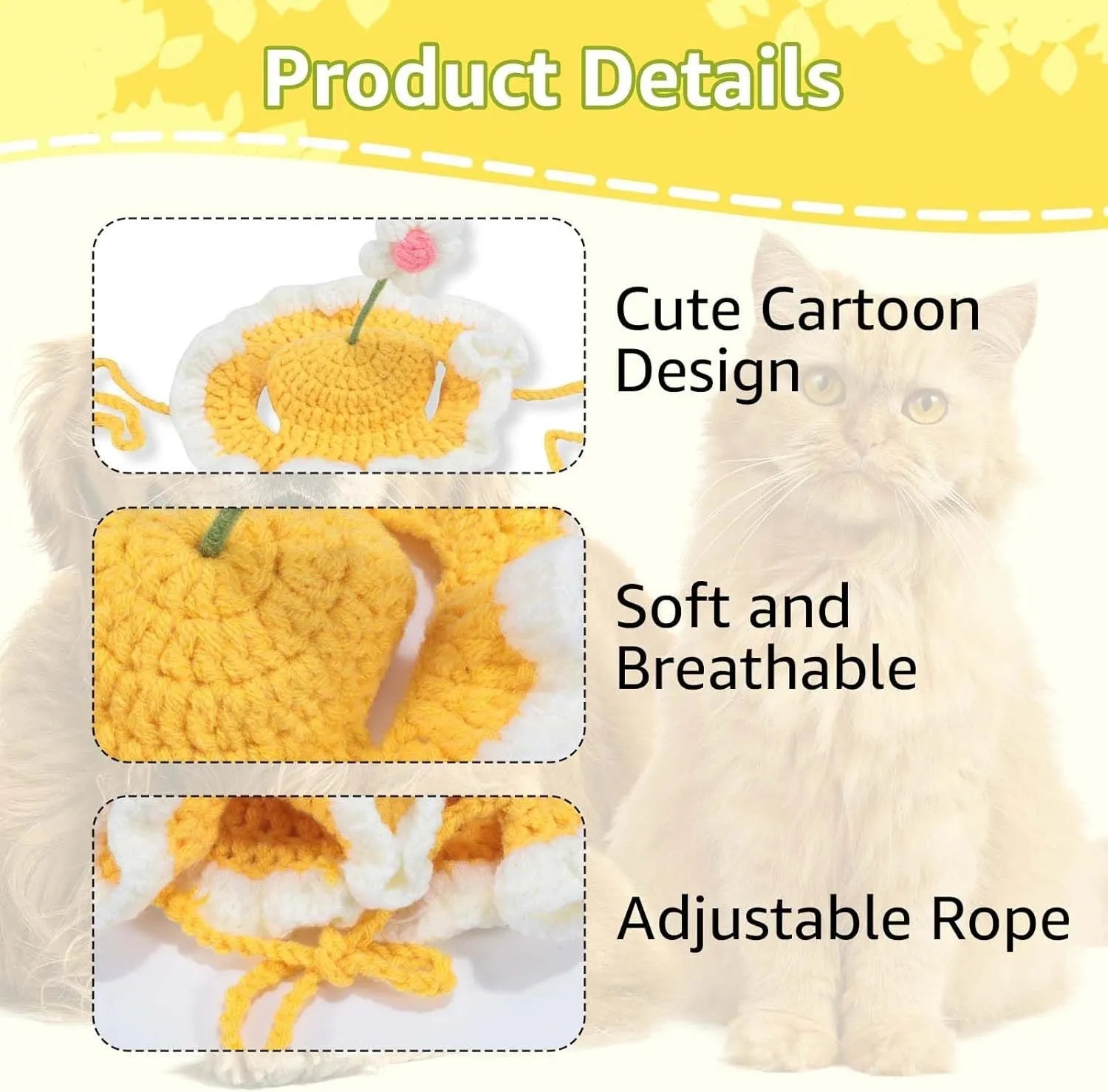 Green knitted cat hat with cartoon face on a kitten, showing S/M sizing for small pets.