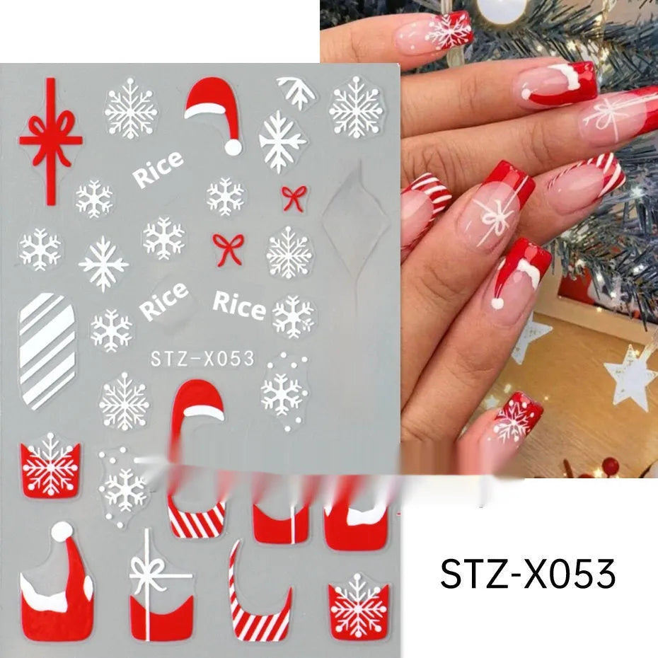 Assortment of black and silver nail sticker designs including cartoon and French tip patterns on a plastic sheet.