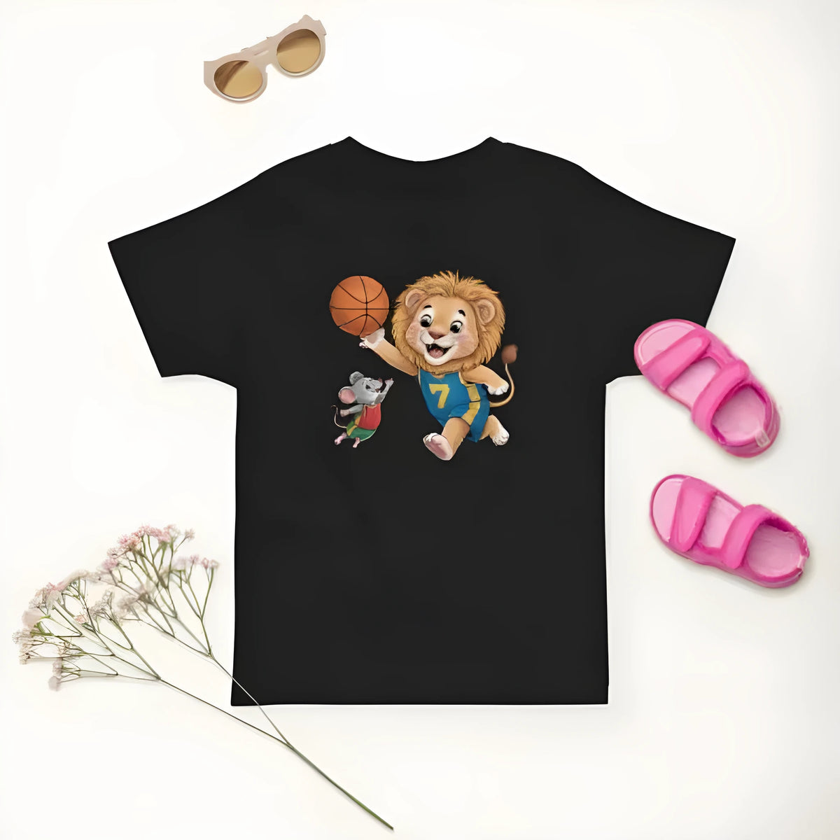 Children's black cotton short sleeve t-shirt with cartoon and letter design, unisex summer top