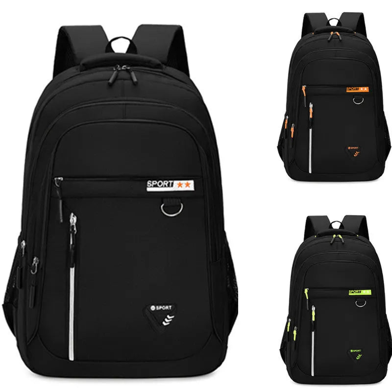Men's large capacity schoolbag in durable Oxford cloth with air pillow belt system for burden reduction and breathable comfort, available in red, green, blue and black colours with 20-35L capacity and letter pattern detail