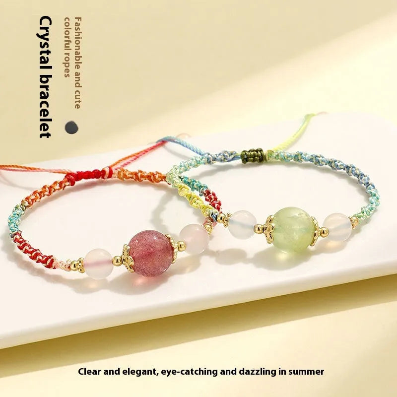 Hand-woven couple bracelets for women featuring 8mm white agate carrying straps with choice of 12mm gemstones: strawberry quartz, Madagascar pink crystal, or prehnite, presented in a diamond-shaped electroplated fresh style design.