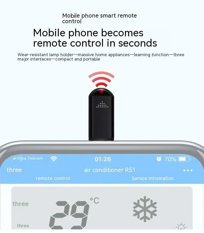 Compact aluminium cell phone infrared remote control with glossy black finish