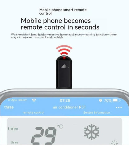 Compact aluminium cell phone infrared remote control with glossy black finish