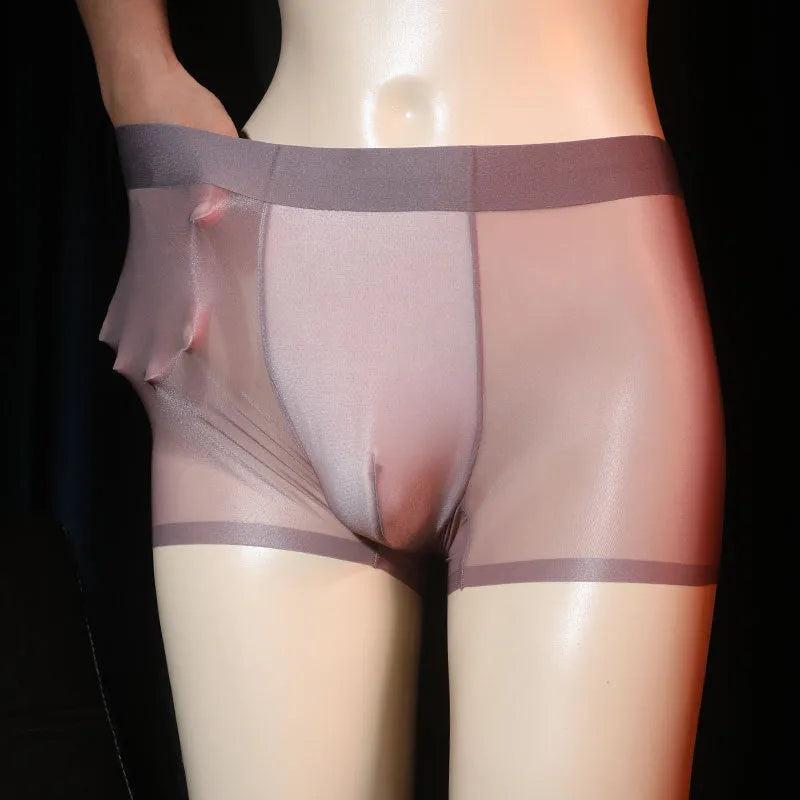 Men's ultra-thin transparent boxer briefs in ice silk nylon fabric showing light grey colour option