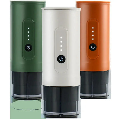 Portable stainless steel coffee machine with car charger power cord in Jungle Green colour.