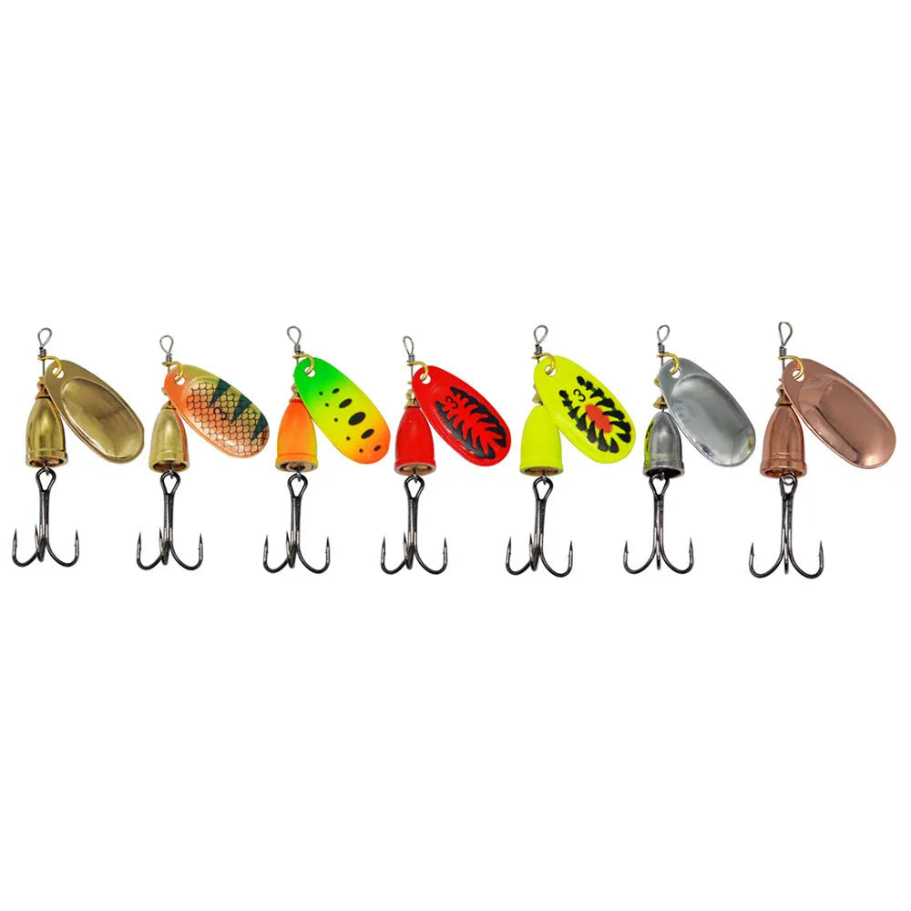 R composite rotating sequins copper bell fishing lure in seven colours showing 3# size and metal construction