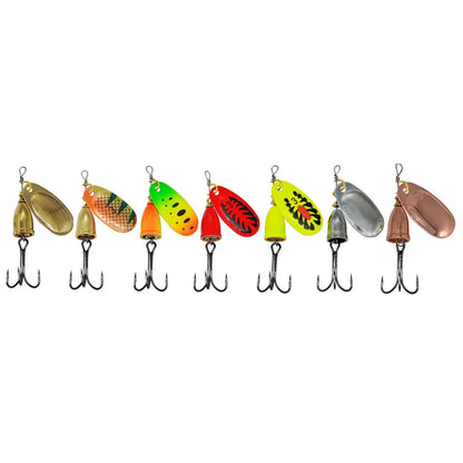 R composite rotating sequins copper bell fishing lure in seven colours showing 3# size and metal construction