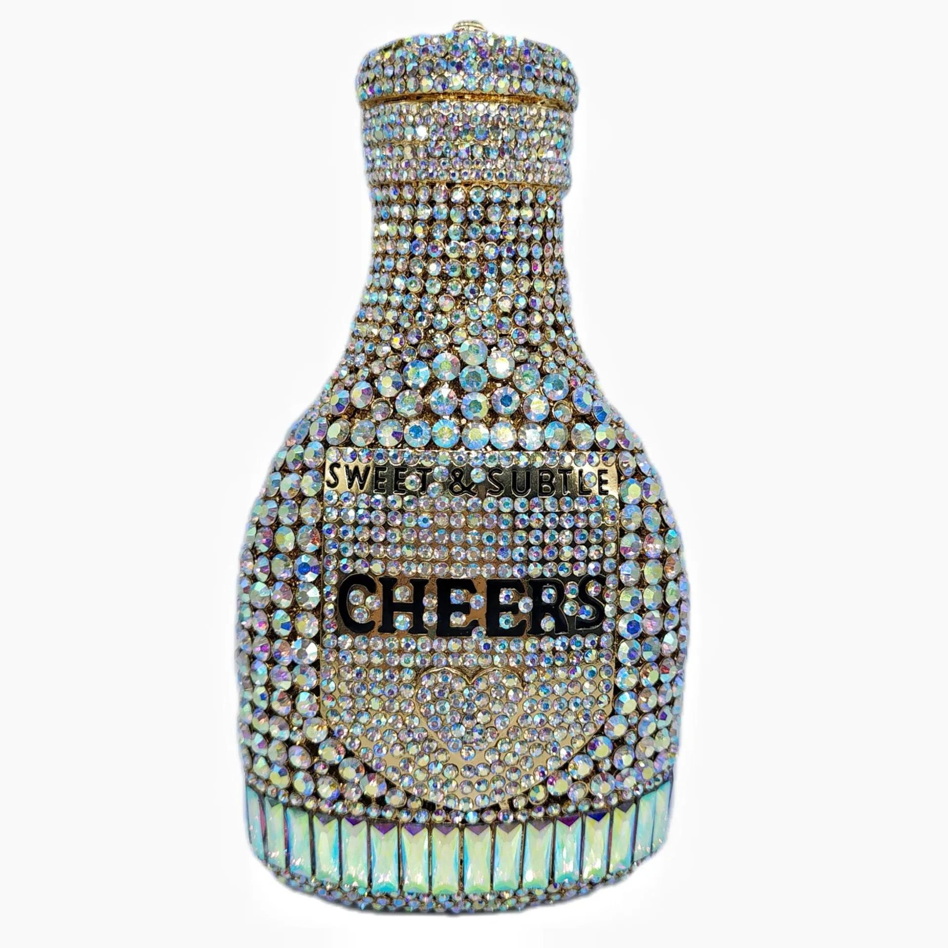 Gold hard-shell clutch bag shaped like a champagne bottle with a synthetic leather interior.