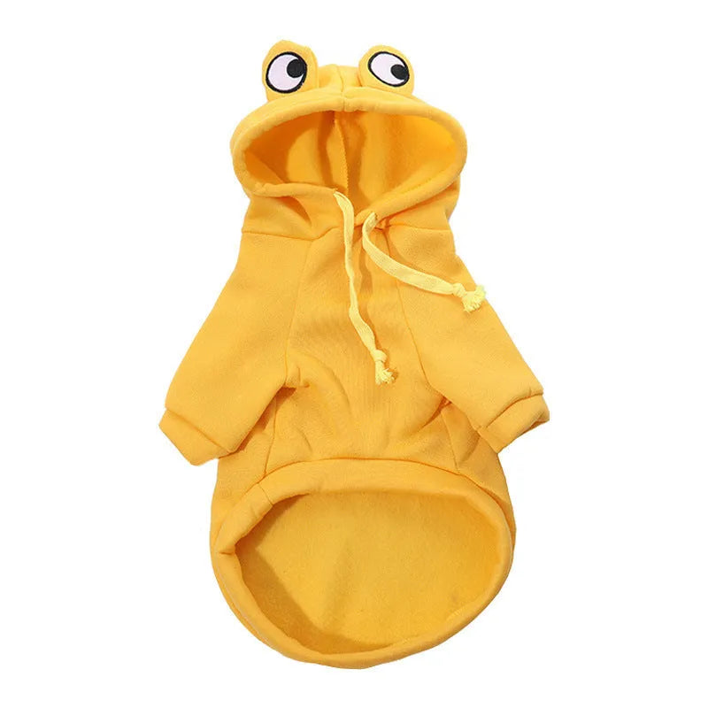 Green frog costume hoodie on small dog showing hood and four-leg design