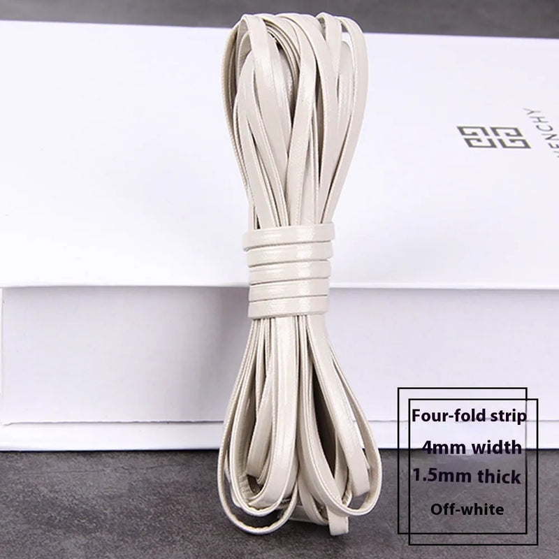 Leather string cord for DIY craft, jewellery making, keychain lanyards, and clothing accents, available in 23 colours including pure white, gold, and silver, made from woven PU leather in a choice of three practical widths for multi-layered projects.