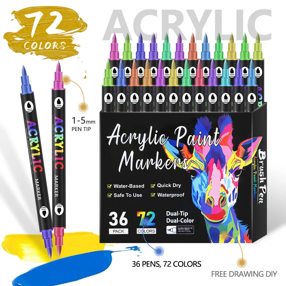 Set of double-ended acrylic marker pens showing fine tip and broad chisel tip on each pen.