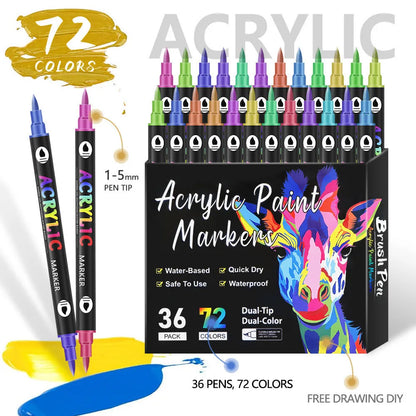 Set of double-ended acrylic marker pens showing fine tip and broad chisel tip on each pen.