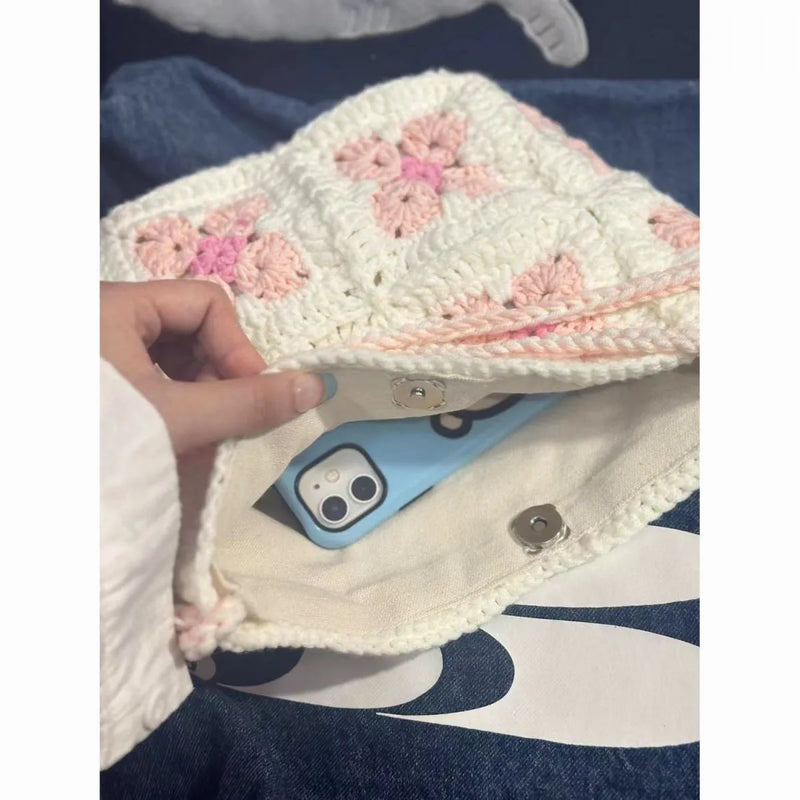 Handmade crochet cotton cherry blossom handbag with magnetic closure available in pink or green with optional inner lining for romantic style everyday use