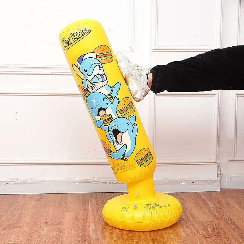 Yellow inflatable boxing column tumbler measuring 120x25cm for fitness training