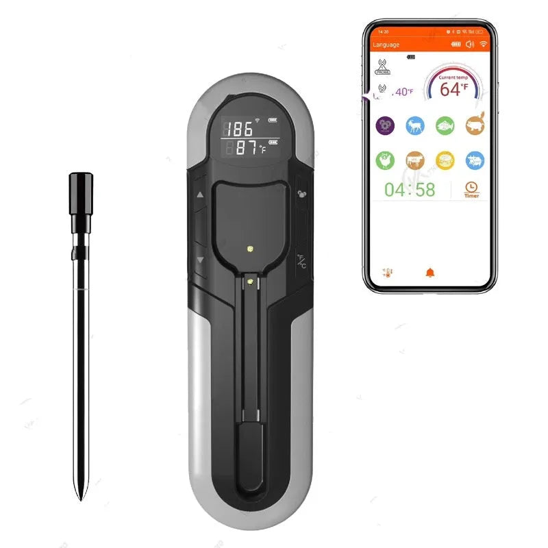 Bluetooth BBQ thermometer in grey, blue or orange, 175 x 49 x 20mm, with app control and magnet design
