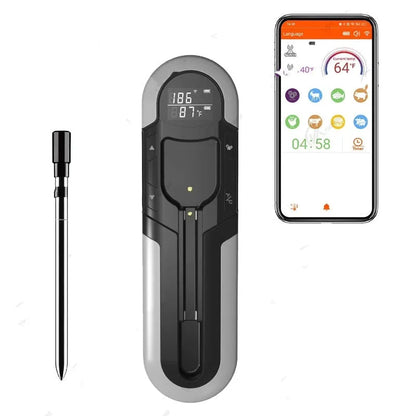 Bluetooth BBQ thermometer in grey, blue or orange, 175 x 49 x 20mm, with app control and magnet design