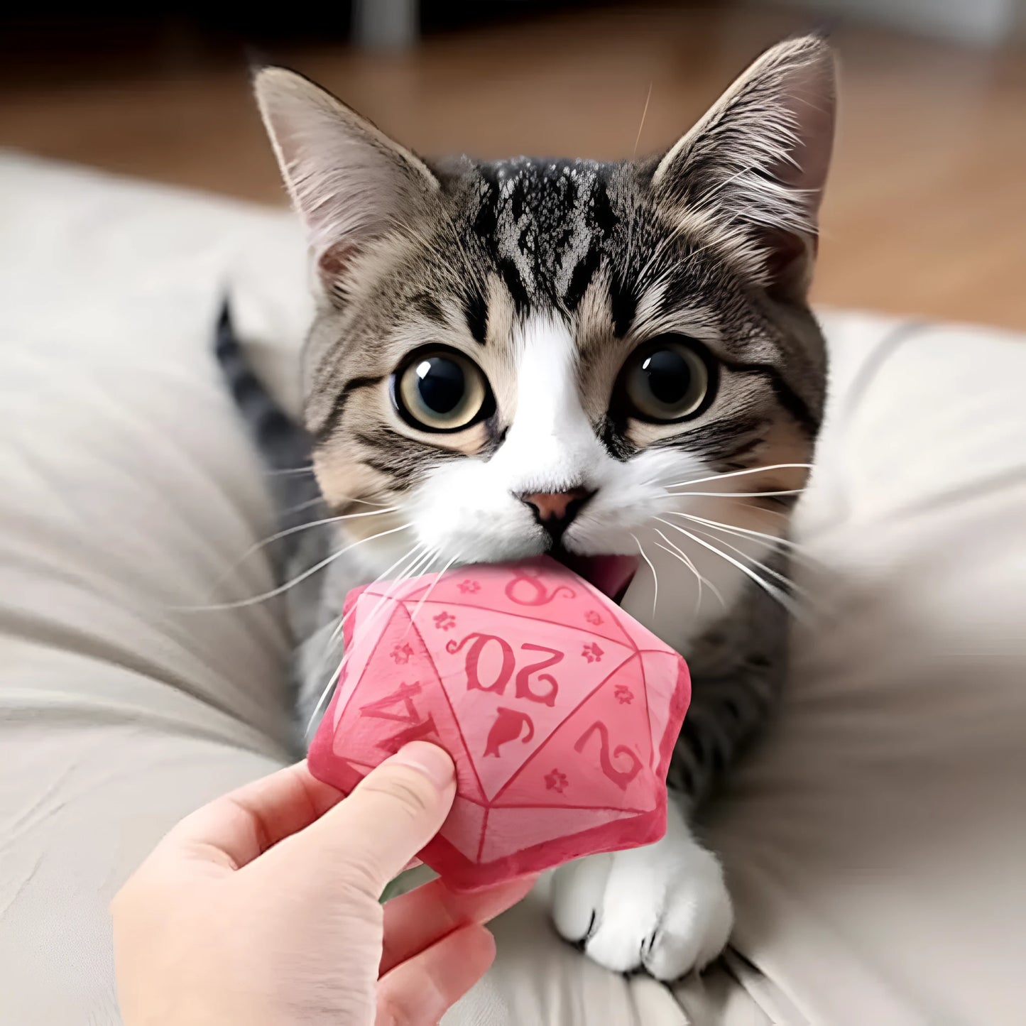 Plush dice-shaped cat toy with organic catnip filling in multiple colour options