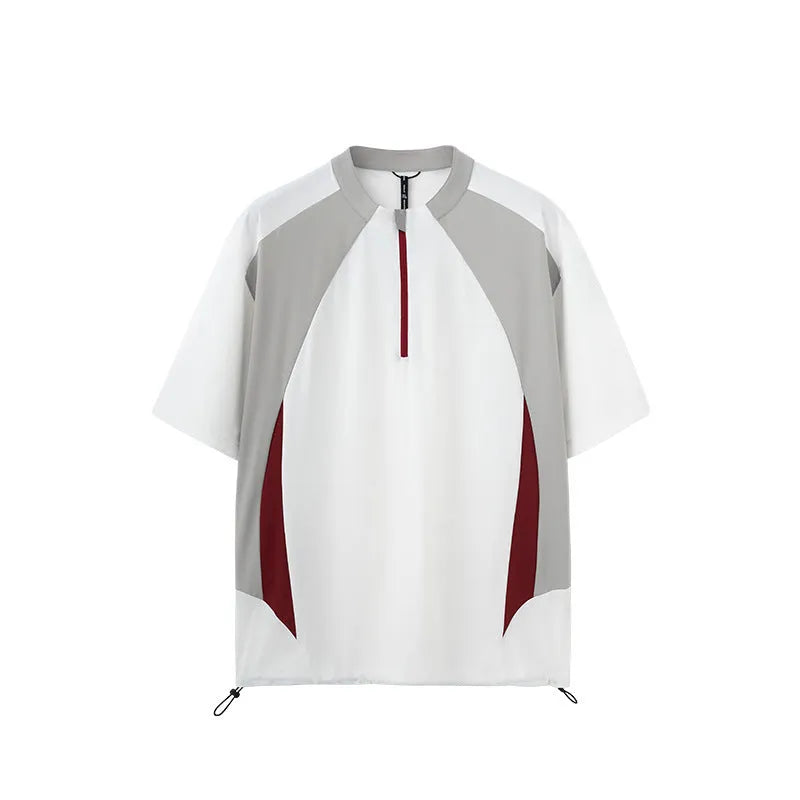 Men's solid colour polyester top with stitching detail, shown in black and beige with both long and short sleeve options