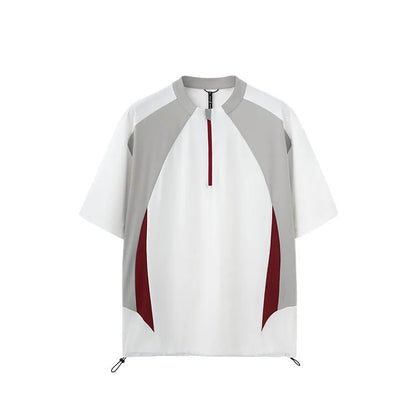Men's solid colour polyester top with stitching detail, shown in black and beige with both long and short sleeve options