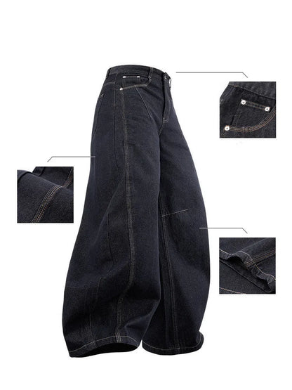 Men's wide leg denim trousers in original cow colour showing mid-waist design and relaxed fit