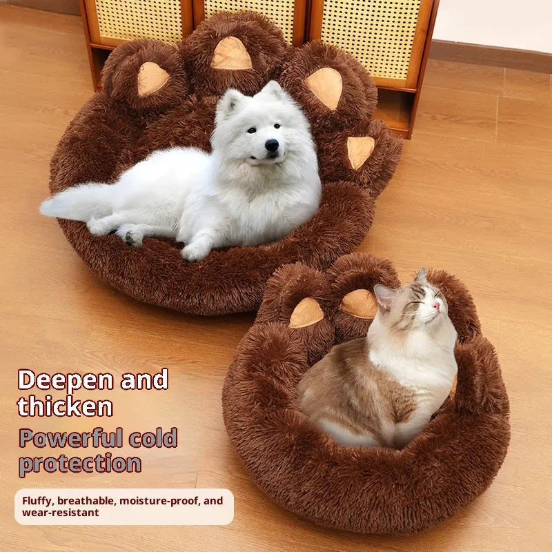 Round plush cloth dog bed in coffee colour, grey or pink, hand-shaped brush nest design, 50cm to 130cm diameter