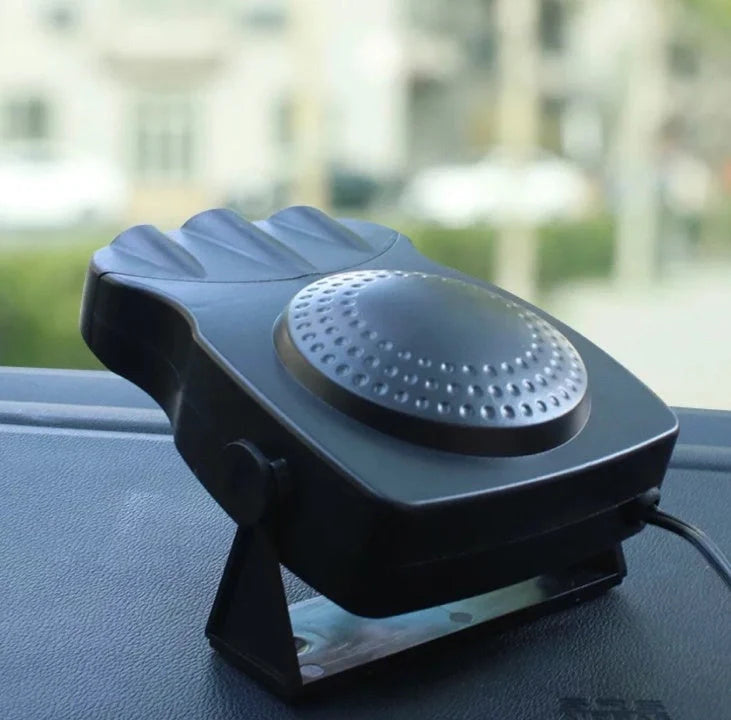 Compact in-car windscreen defroster with dual heating and cooling modes, designed for British drivers to quickly clear frost, mist and condensation for improved visibility and safer driving