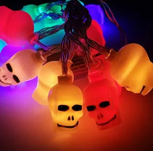 Halloween LED string lights with bat, ghost, and pumpkin pendants on a 1.2 metre white cable.