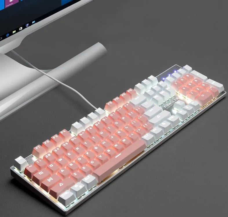Waterproof mechanical gaming keyboard with 104 keys in black, blue, and pink colour options