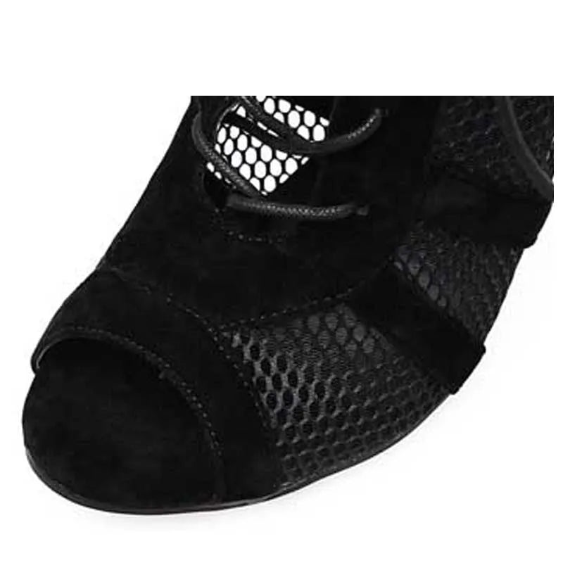 Black suede women's lace-up high-heel shoes with an 11.5 cm heel on a white background.