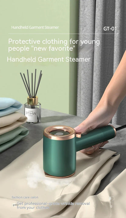 Compact, portable garment steamer with titanium-coated soleplate for wrinkle-free clothes at home or on the go