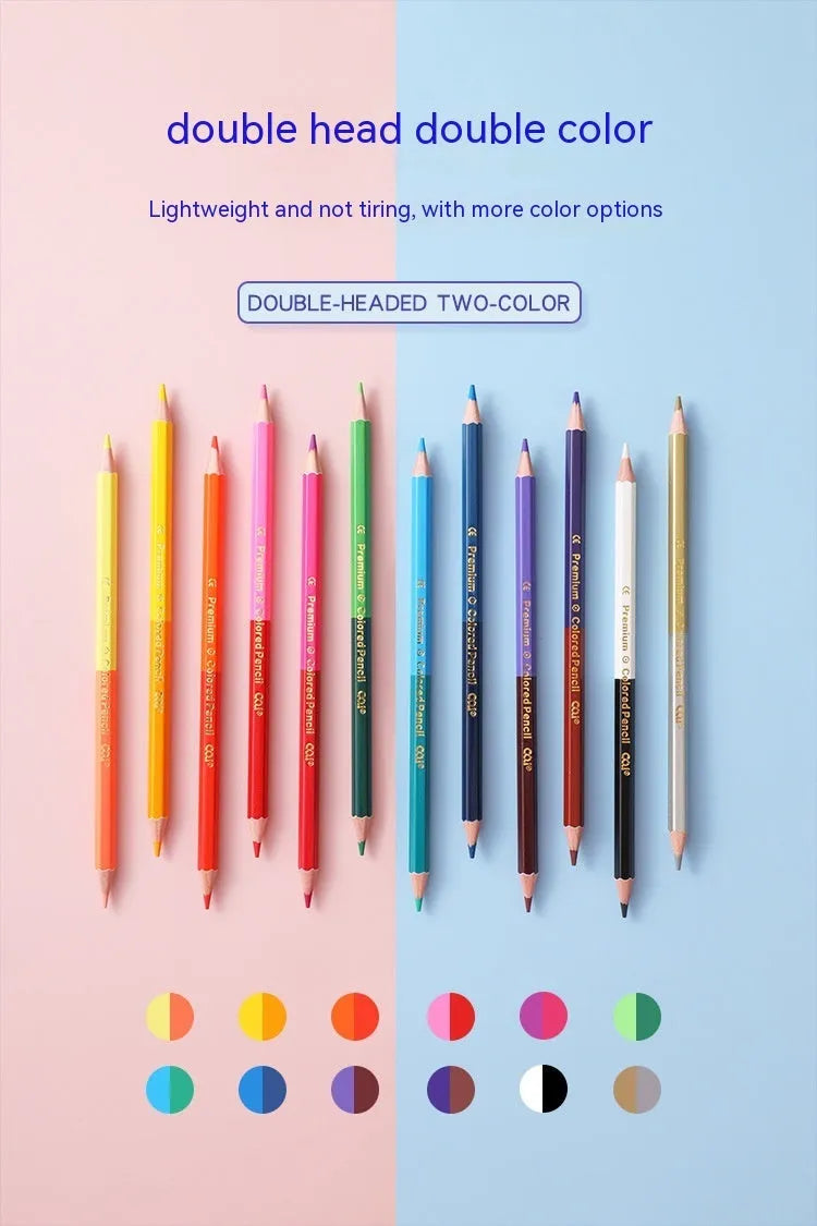 Wooden double-ended colouring pencils set in 12 or 6 piece configurations for student art
