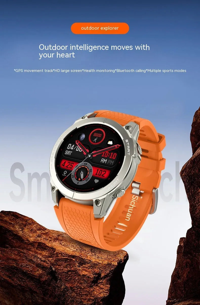 S53 outdoor GPS sports smart watch with black silicone band and 1.43-inch IPS touch screen display