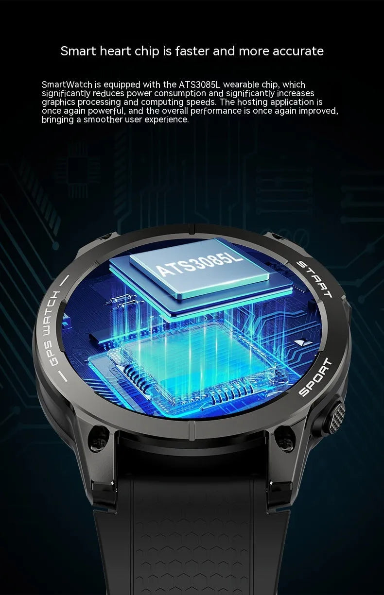 S53 outdoor GPS sports smart watch with black silicone band and 1.43-inch IPS touch screen display
