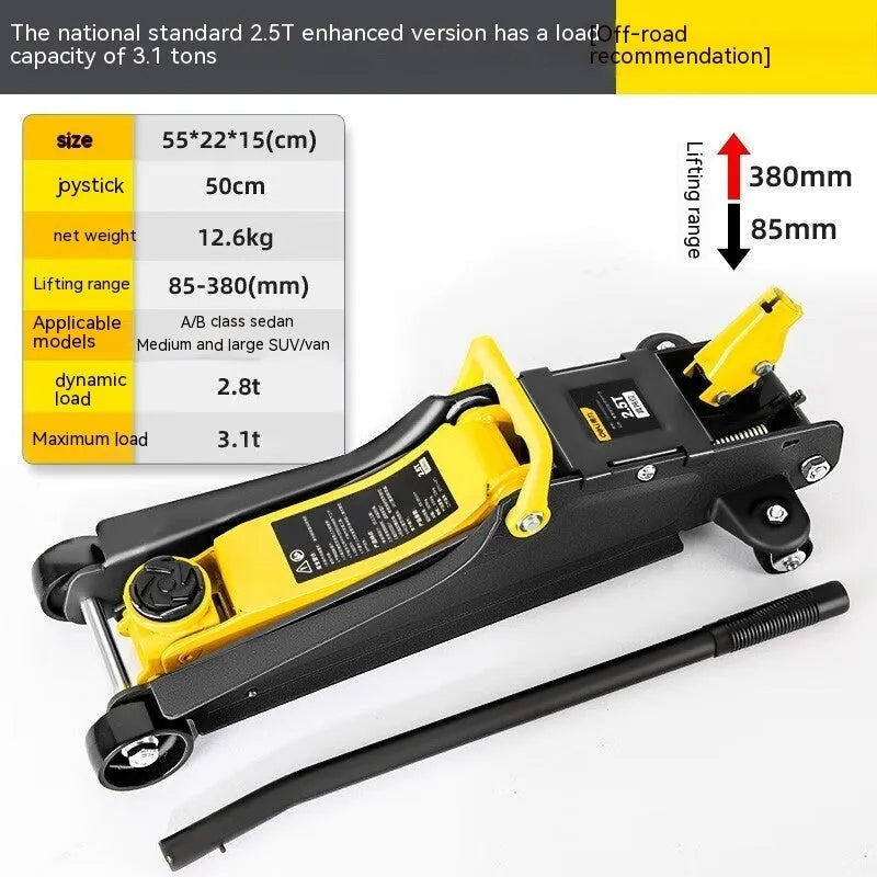 Horizontal hydraulic trolley jack for car tyre changes with low profile design and handle