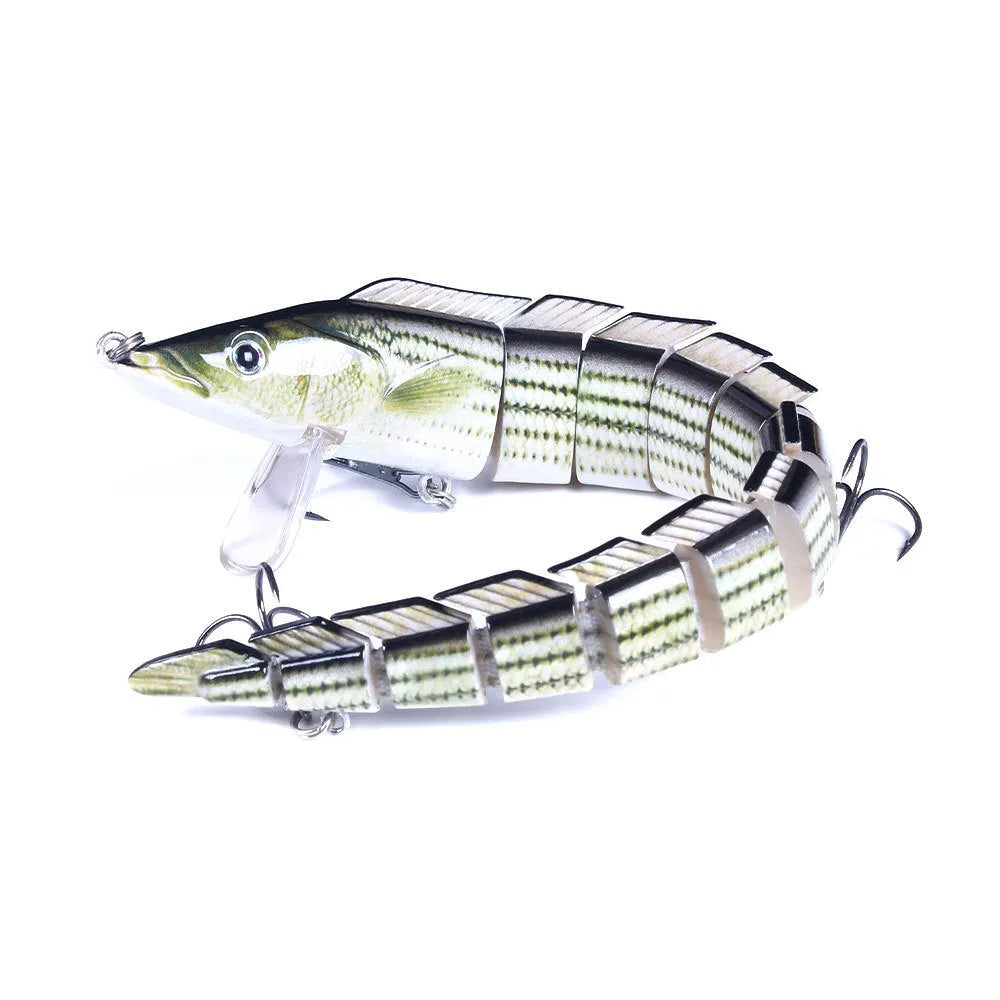 23 cm long multi-section soft plastic loach fishing lure in various colours on a white background.
