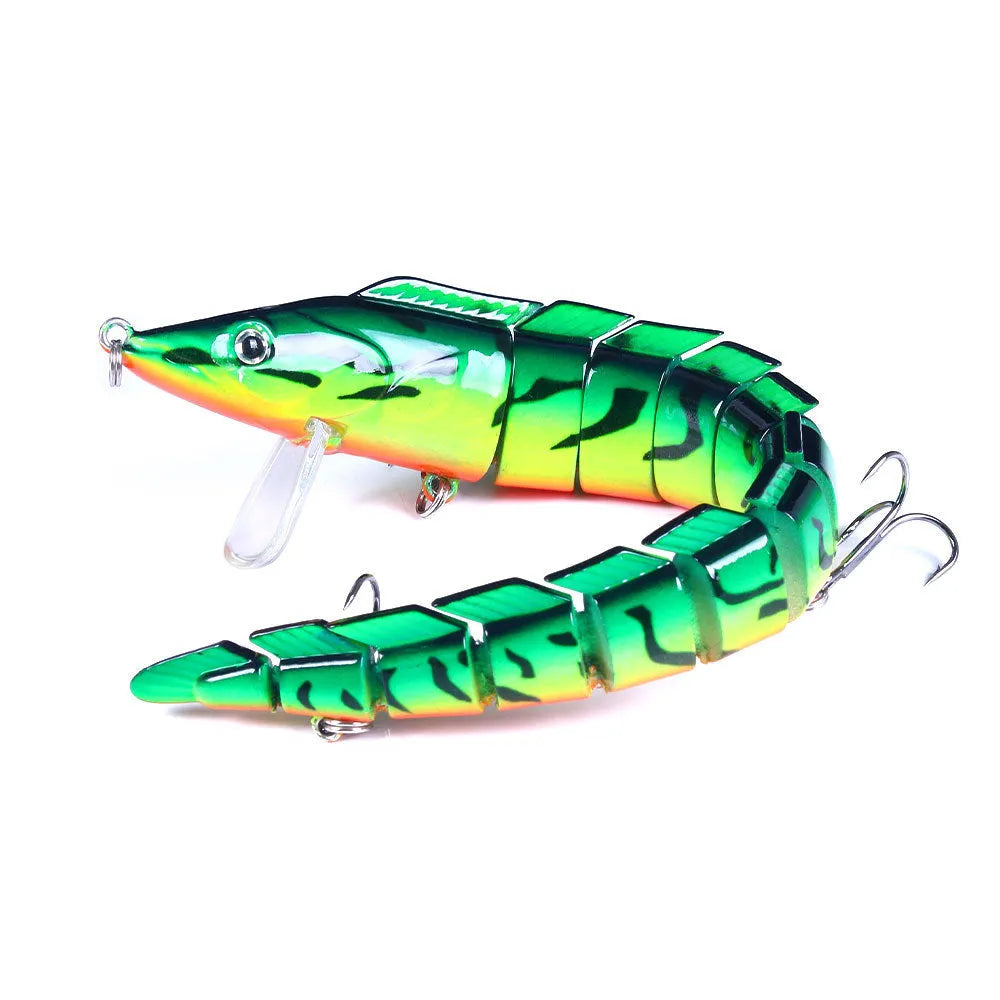 23 cm long multi-section soft plastic loach fishing lure in various colours on a white background.
