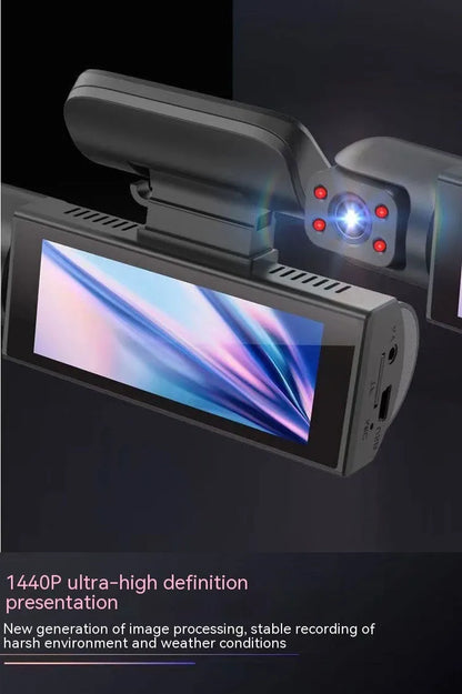 Dual-lens HD driving recorder with 3.5-inch LCD screen mounted on a car dashboard.