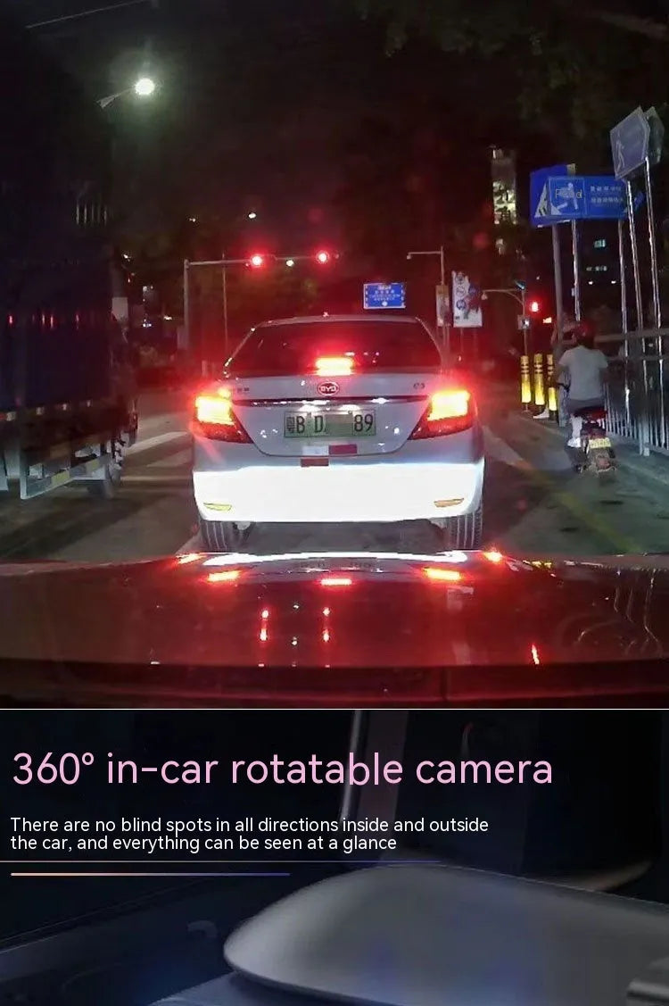 Dual-lens HD driving recorder with 3.5-inch LCD screen mounted on a car dashboard.