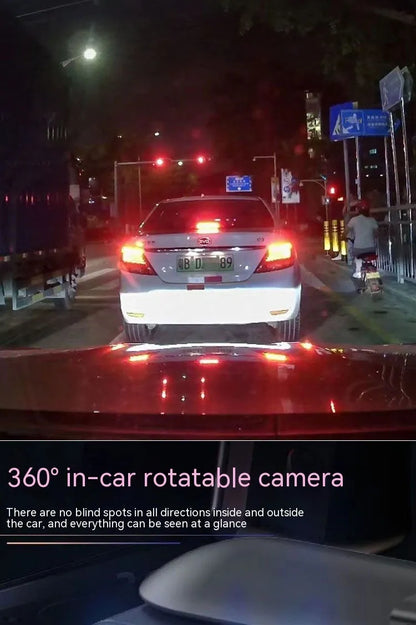 Dual-lens HD driving recorder with 3.5-inch LCD screen mounted on a car dashboard.