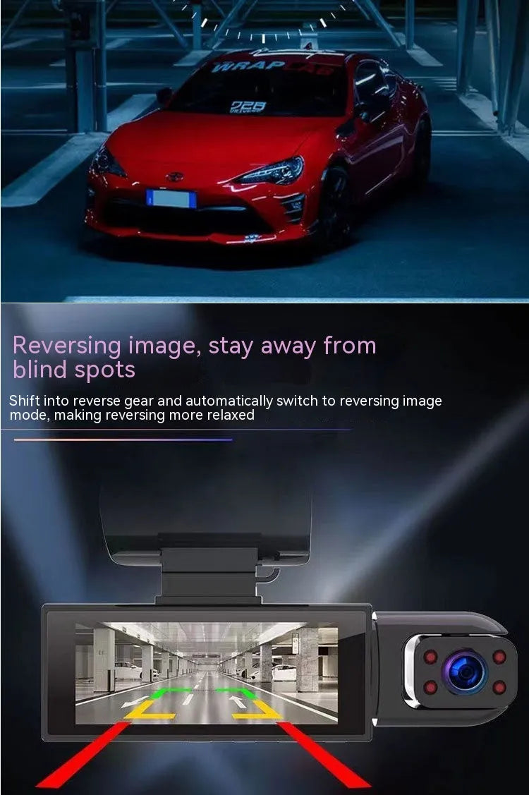 Dual-lens HD driving recorder with 3.5-inch LCD screen mounted on a car dashboard.