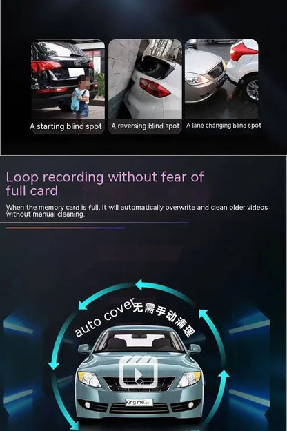 Dual-lens HD driving recorder with 3.5-inch LCD screen mounted on a car dashboard.