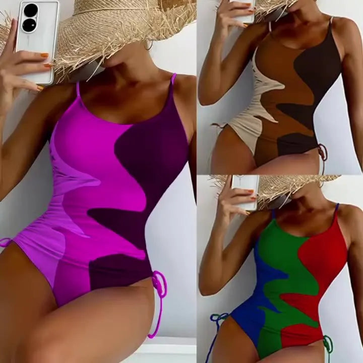 Women's sleeveless one-piece swimsuit in a striped print, shown in blue colour.