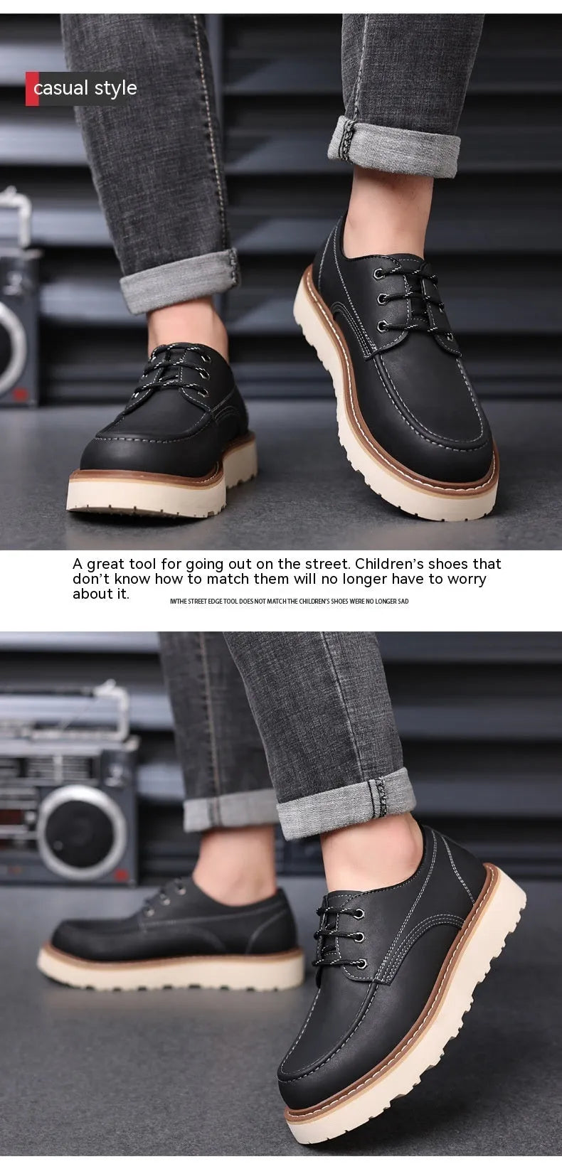 Men's black low-top Martin boot with round toe and non-slip rubber sole on a white background.