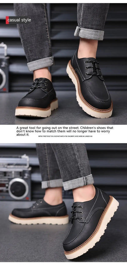 Men's black low-top Martin boot with round toe and non-slip rubber sole on a white background.