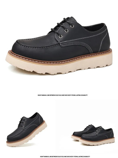 Men's black low-top Martin boot with round toe and non-slip rubber sole on a white background.