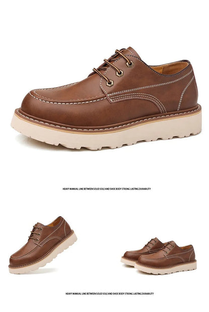Men's black low-top Martin boot with round toe and non-slip rubber sole on a white background.