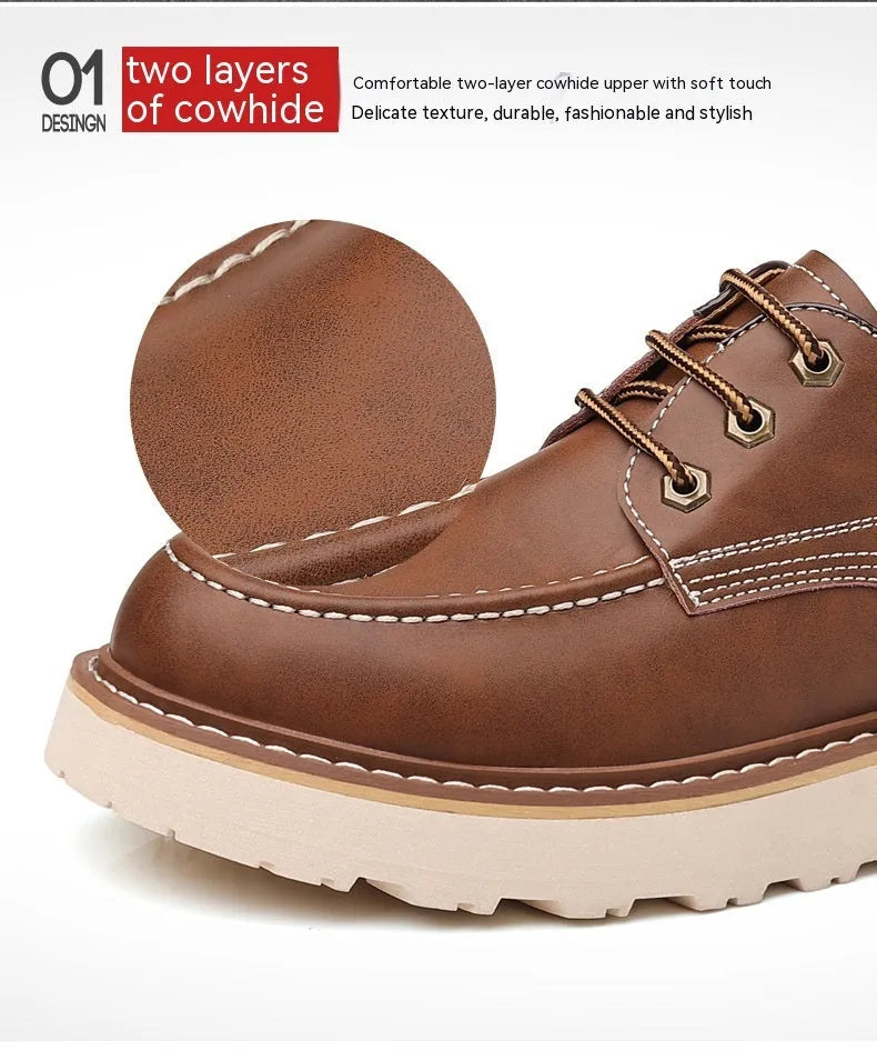 Men's black low-top Martin boot with round toe and non-slip rubber sole on a white background.