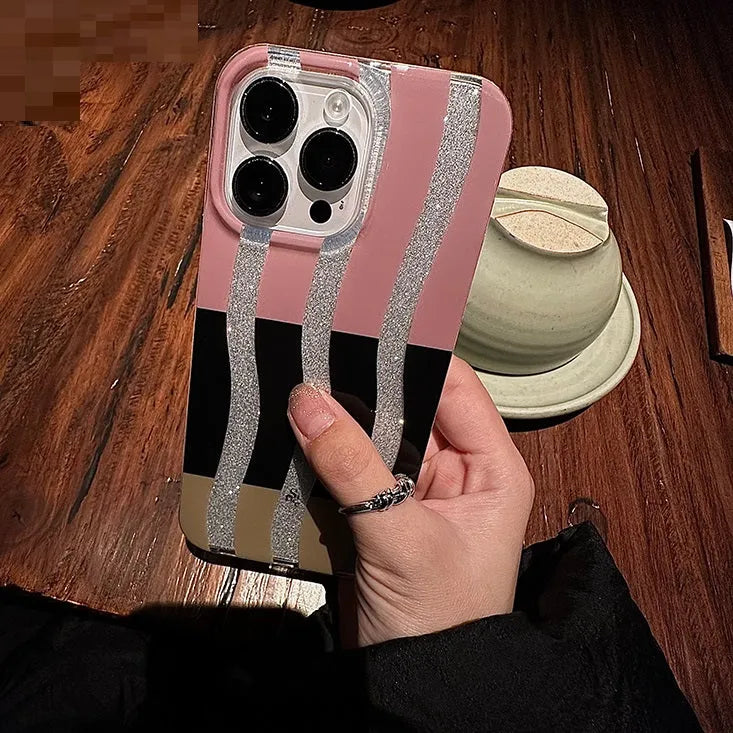 Wave stripe transparent TPU iPhone case with painted love and chain design, Wave Glitter colour option.