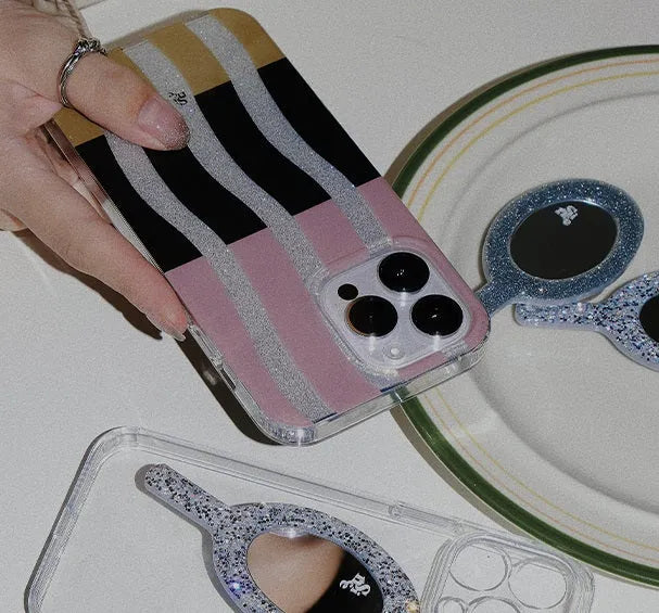 Wave stripe transparent TPU iPhone case with painted love and chain design, Wave Glitter colour option.